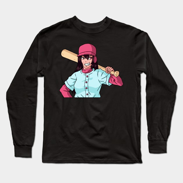 Baseball Anime Girl Japanese Waifu Aesthetic Long Sleeve T-Shirt by Alex21